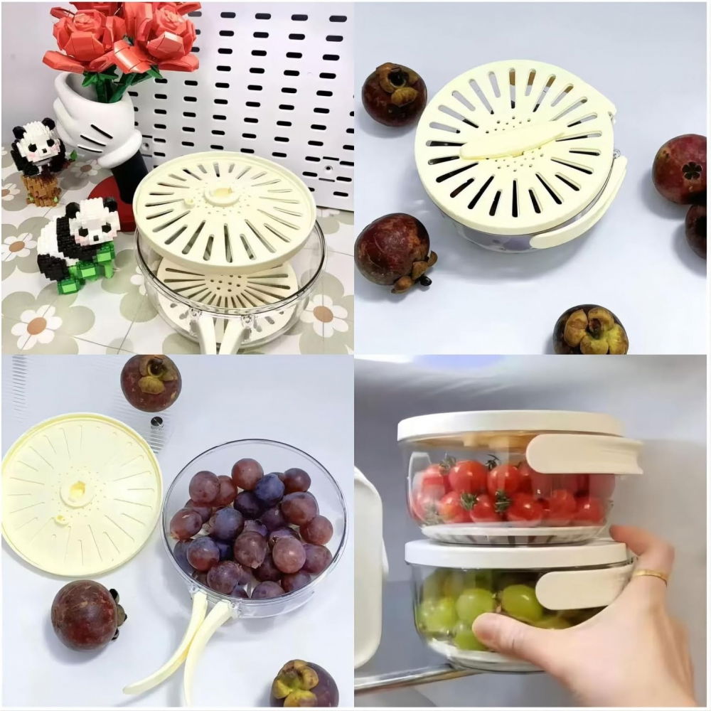 Strecuratoare 2 in 1 pentru fructe si legume, cos de scurgere si cutie de depozitare, 15.5 x 8.3 cm, din pp, cu maner si capac, alb [9]