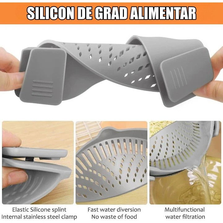 Strecurator filtru pentru vase, din silicon rezistent la temperaturi inalte, universal, paste, legume, fructe, 23x12.5x6.7 cm, gri [6]