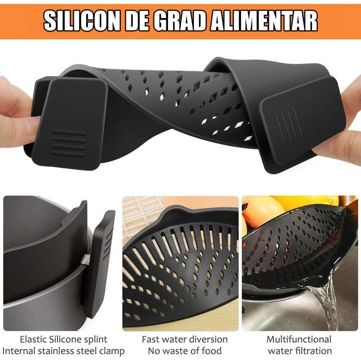 Strecurator filtru pentru vase, din silicon rezistent la temperaturi inalte, universal, paste, legume, fructe, 23x12.5x6.7 cm negru [6]