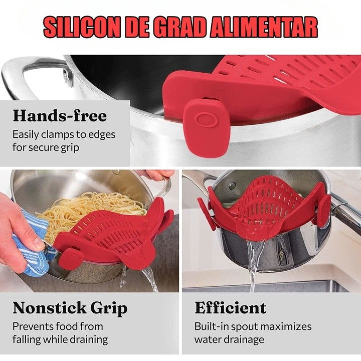 Strecurator filtru pentru vase, din silicon rezistent la temperaturi inalte, universal, paste, legume, fructe, 23x12.5x6.7 cm rosu [7]