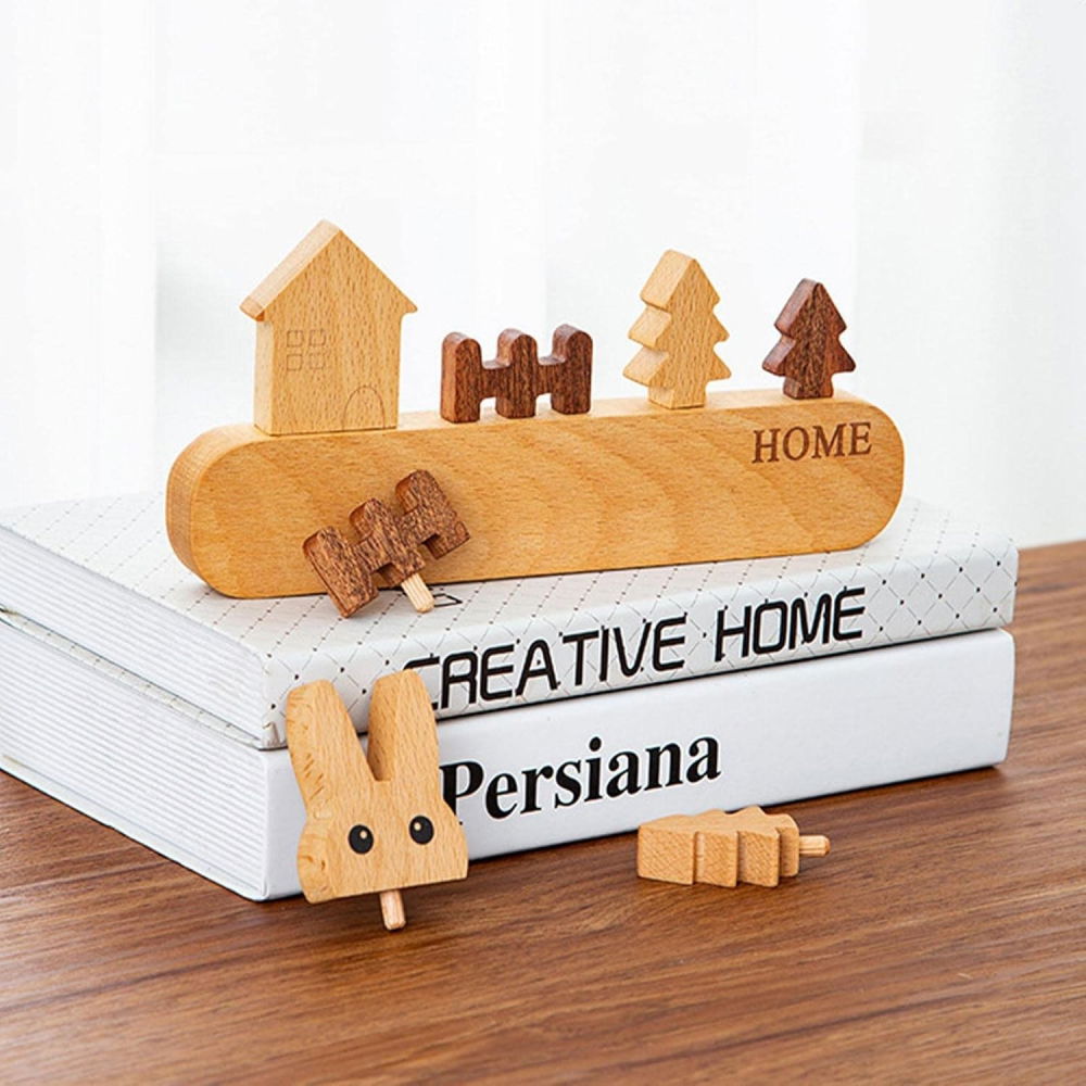 Suport pentru chei, din lemn, aplicare fara perforare, adeziv inclus, 5 carlige albe, model casuta, greutate suportata 5 kg, 13.5 x 23 cm, maro [6]