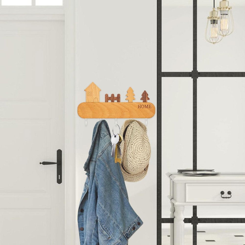 Suport pentru chei, din lemn, aplicare fara perforare, adeziv inclus, 5 carlige albe, model casuta, greutate suportata 5 kg, 13.5 x 23 cm, maro [5]