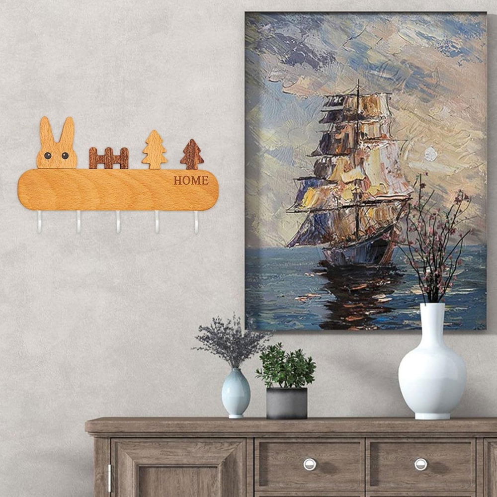 Suport pentru chei, din lemn, aplicare fara perforare, adeziv inclus, 5 carlige albe, model iepure, greutate suportata 5 kg, 13.5 x 22 cm, maro [6]