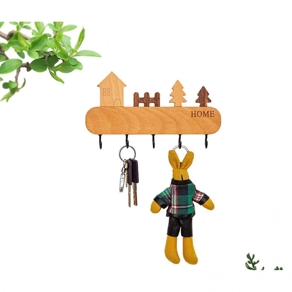 Suport pentru chei, din lemn, aplicare fara perforare, adeziv inclus, 5 carlige negre, model casuta, greutate suportata 5 kg, 13.5 x 23 cm, maro [2]