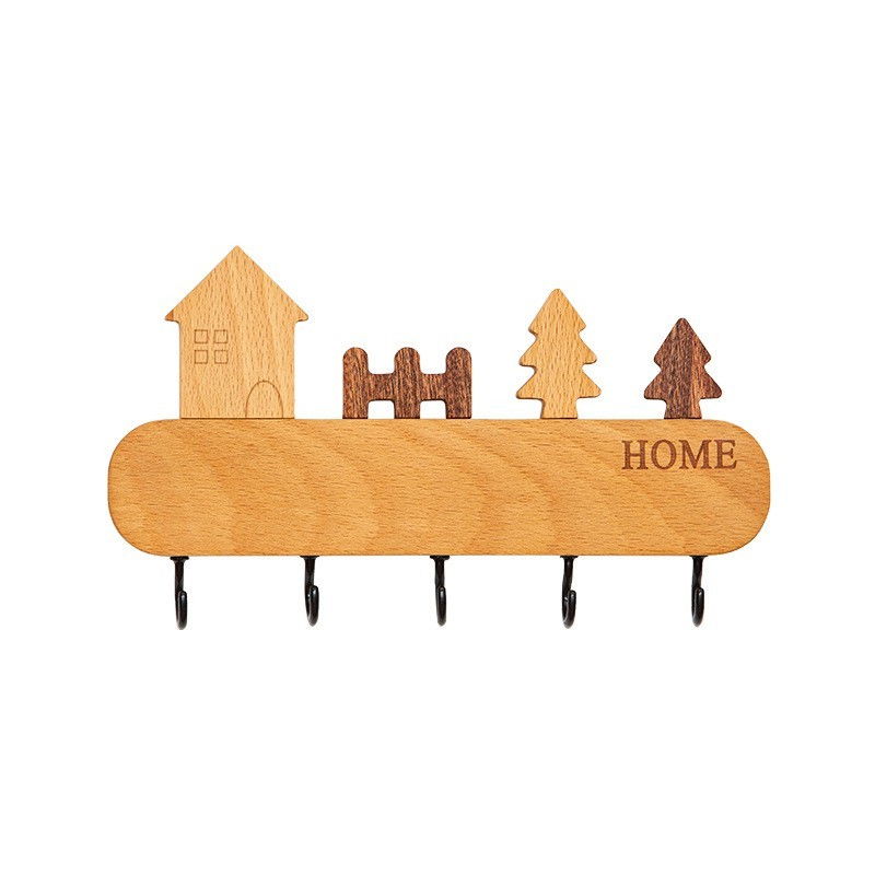 Suport pentru chei, din lemn, aplicare fara perforare, adeziv inclus, 5 carlige negre, model casuta, greutate suportata 5 kg, 13.5 x 23 cm, maro [4]