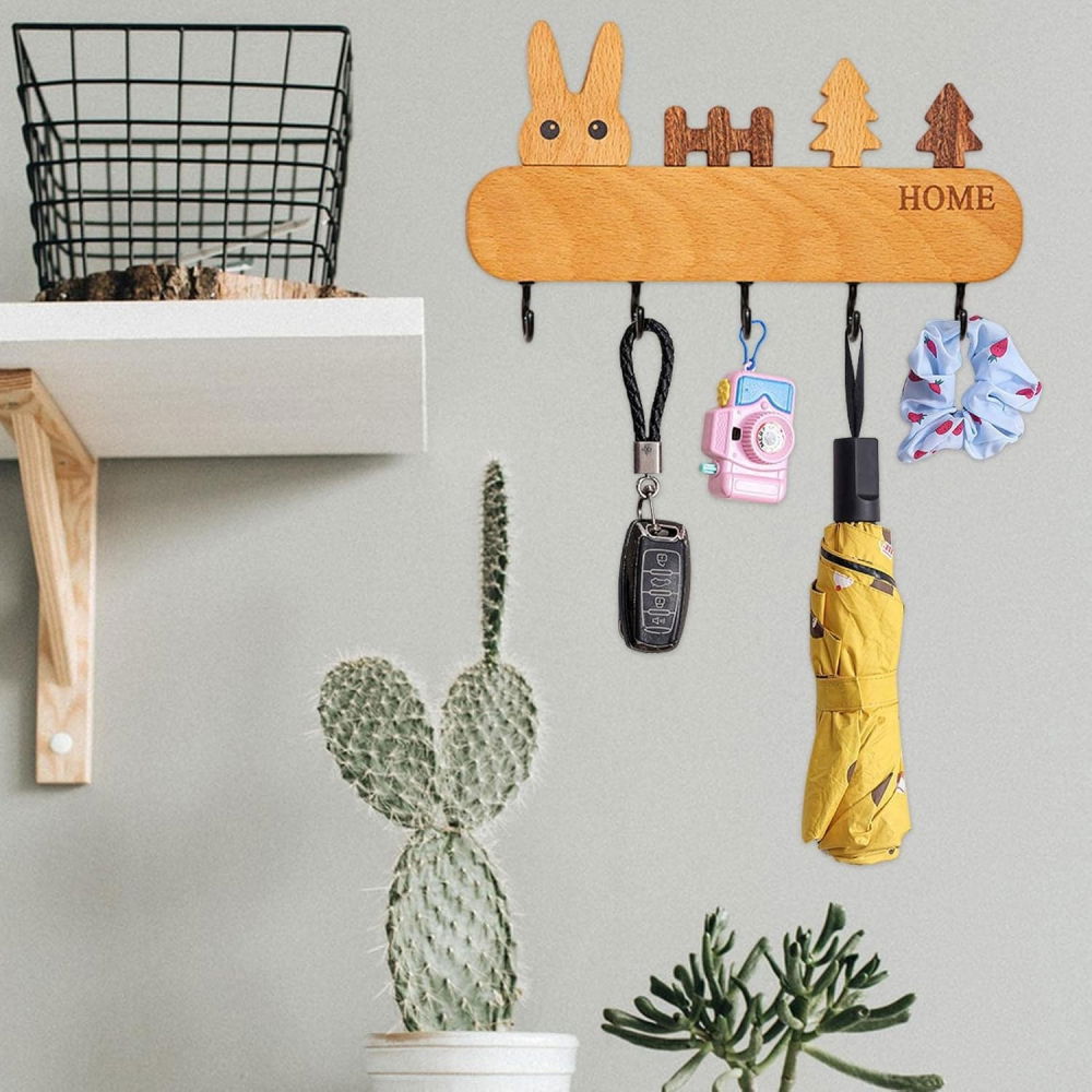 Suport pentru chei, din lemn, aplicare fara perforare, adeziv inclus, 5 carlige negre, model iepure, greutate suportata 5 kg, 13.5 x 22 cm, maro [3]