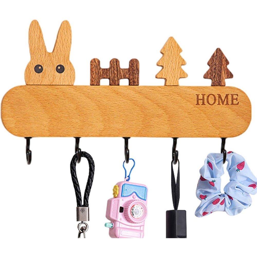 Suport pentru chei, din lemn, aplicare fara perforare, adeziv inclus, 5 carlige negre, model iepure, greutate suportata 5 kg, 13.5 x 22 cm, maro [4]