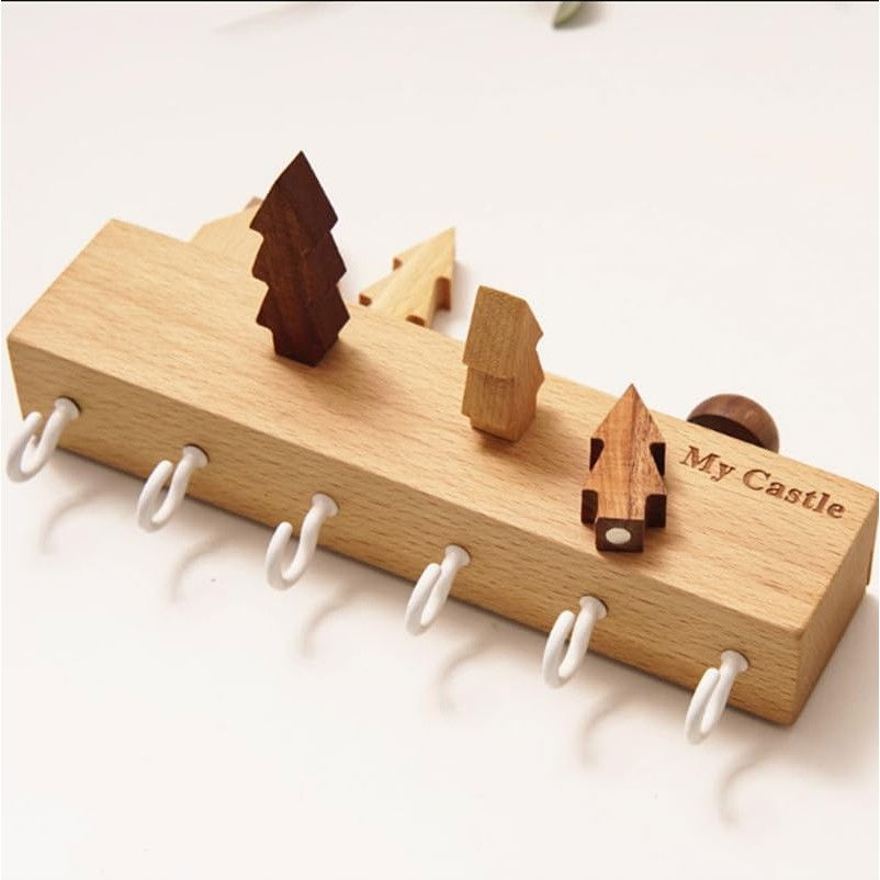 Suport pentru chei, din lemn, aplicare fara perforare, adeziv inclus, 6 carlige albe, model casuta, greutate suportata 5 kg, 14.5 x 2 x 22.5 cm, maro [5]