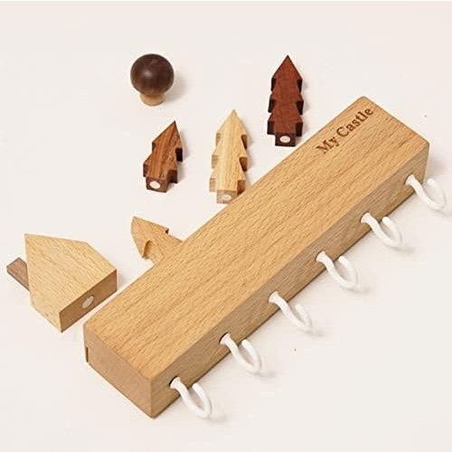 Suport pentru chei, din lemn, aplicare fara perforare, adeziv inclus, 6 carlige albe, model casuta, greutate suportata 5 kg, 14.5 x 2 x 22.5 cm, maro [6]