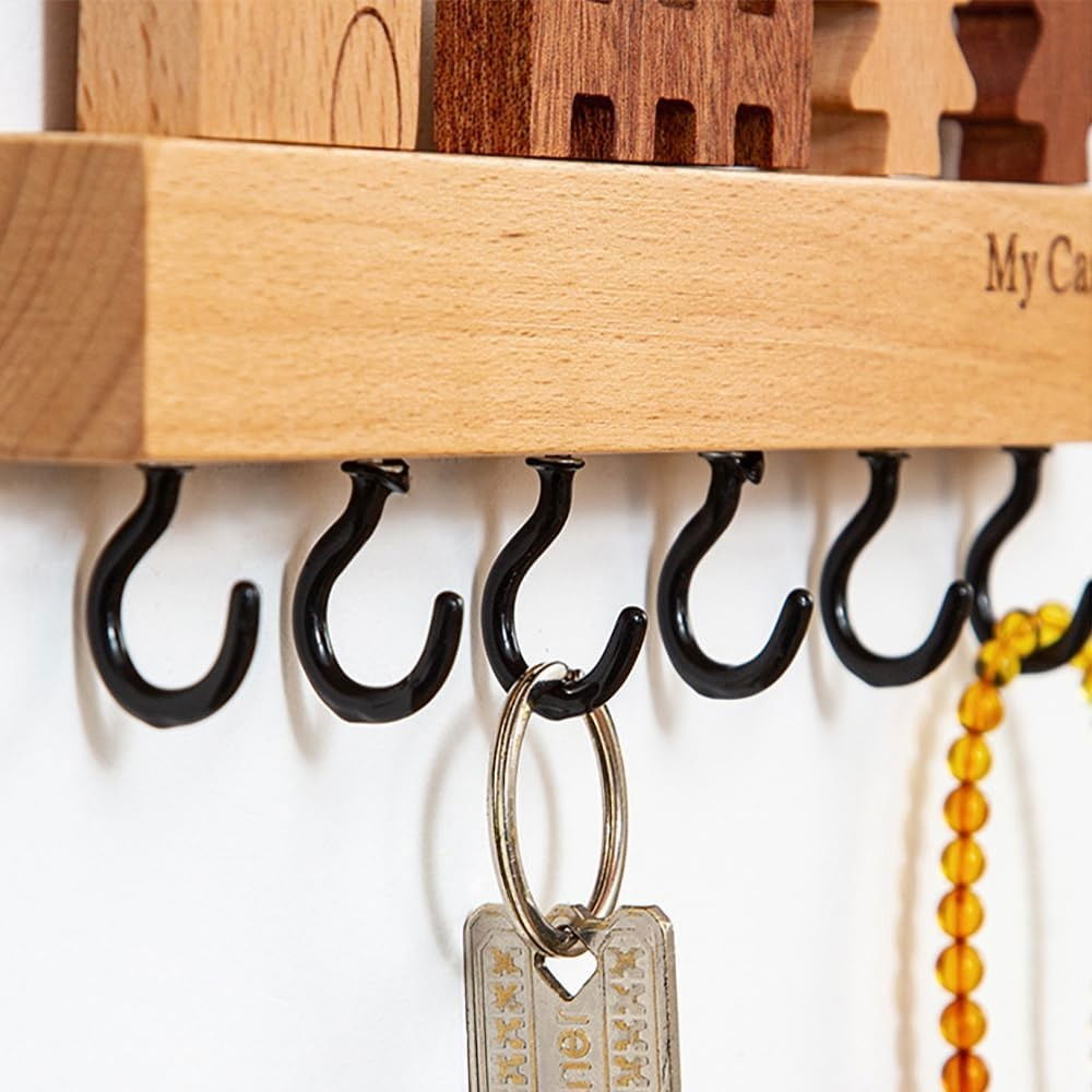Suport pentru chei, din lemn, aplicare fara perforare, adeziv inclus, 6 carlige negre, model casuta, greutate suportata 5 kg, 14.5 x 2 x 22.5 cm, maro [3]