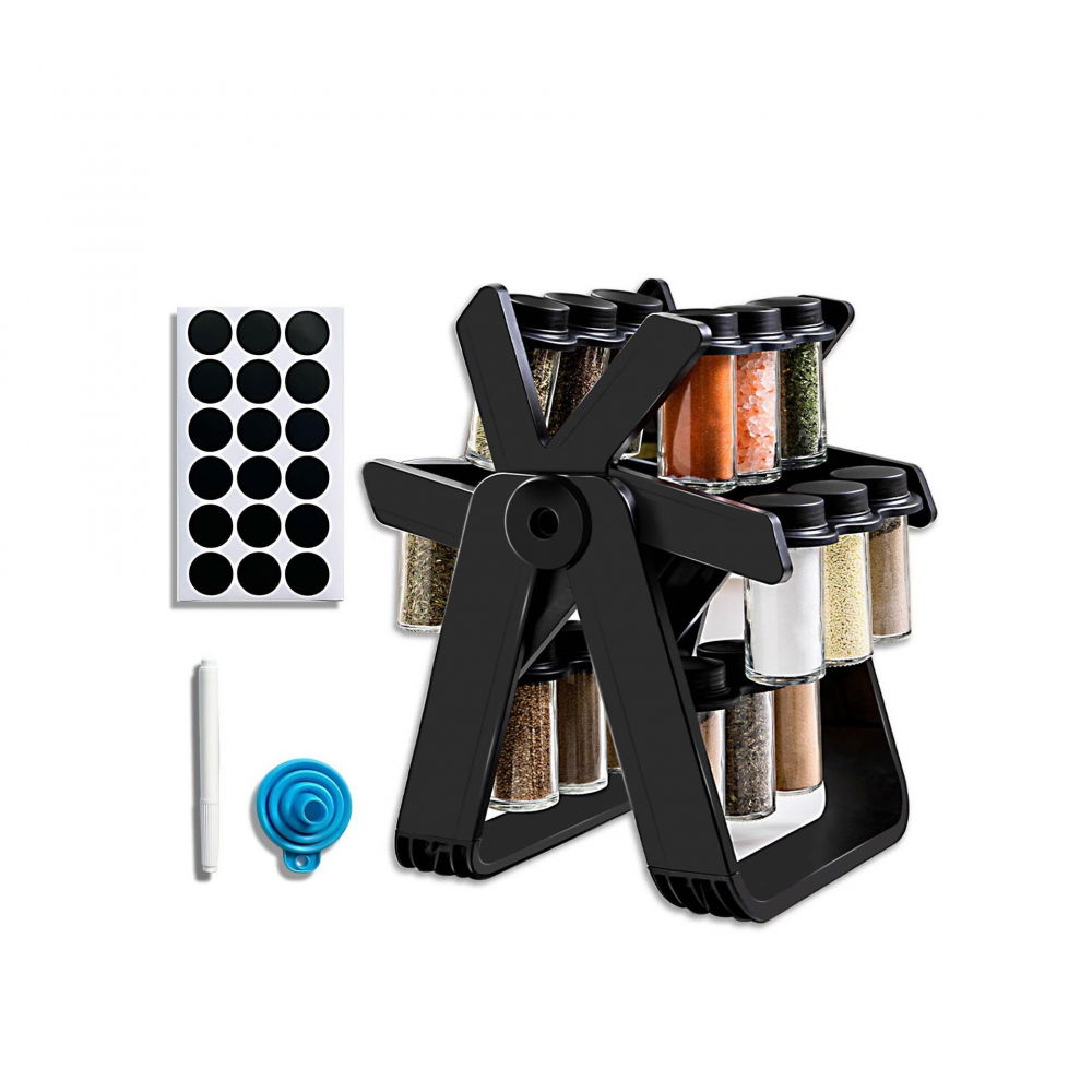 Suport pentru condimente rotativ, multifunctional, pivotant 360°, portabil, usor de montat, 34x23 cm, abs/sticla, negru [4]