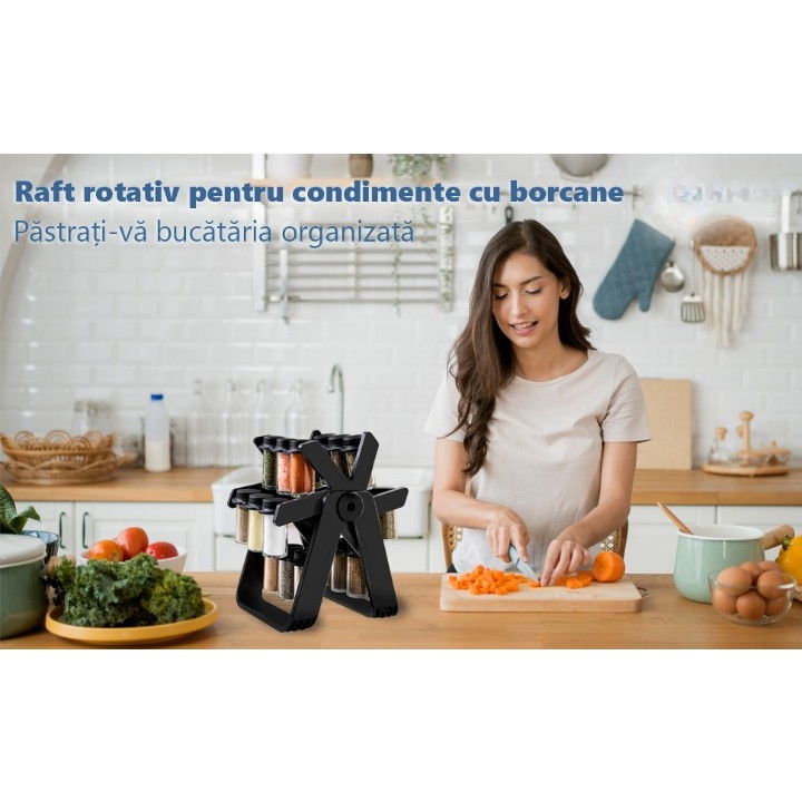 Suport pentru condimente rotativ, multifunctional, pivotant 360°, portabil, usor de montat, 34x23 cm, abs/sticla, negru [5]