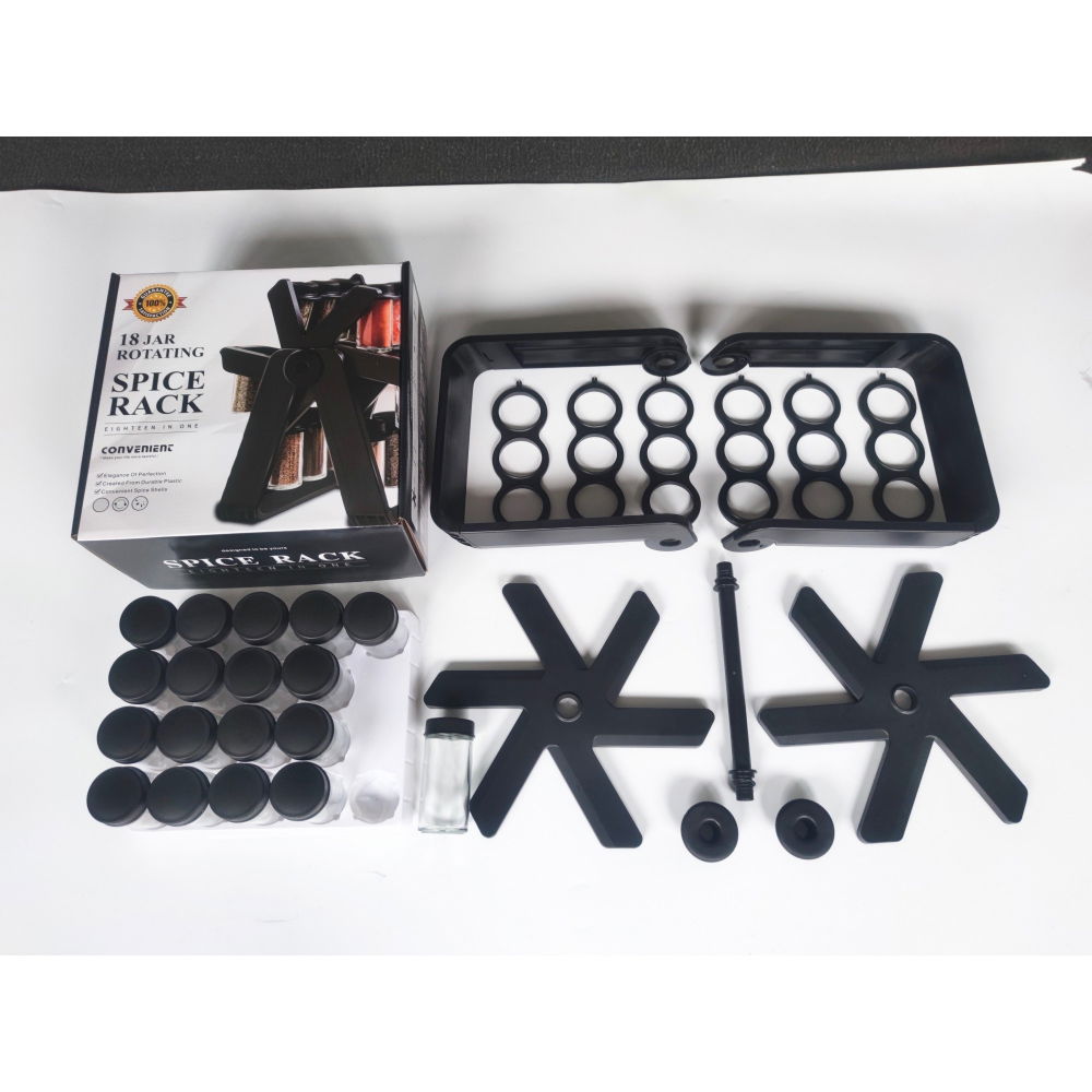 Suport pentru condimente rotativ, multifunctional, pivotant 360°, portabil, usor de montat, 34x23 cm, abs/sticla, negru [3]