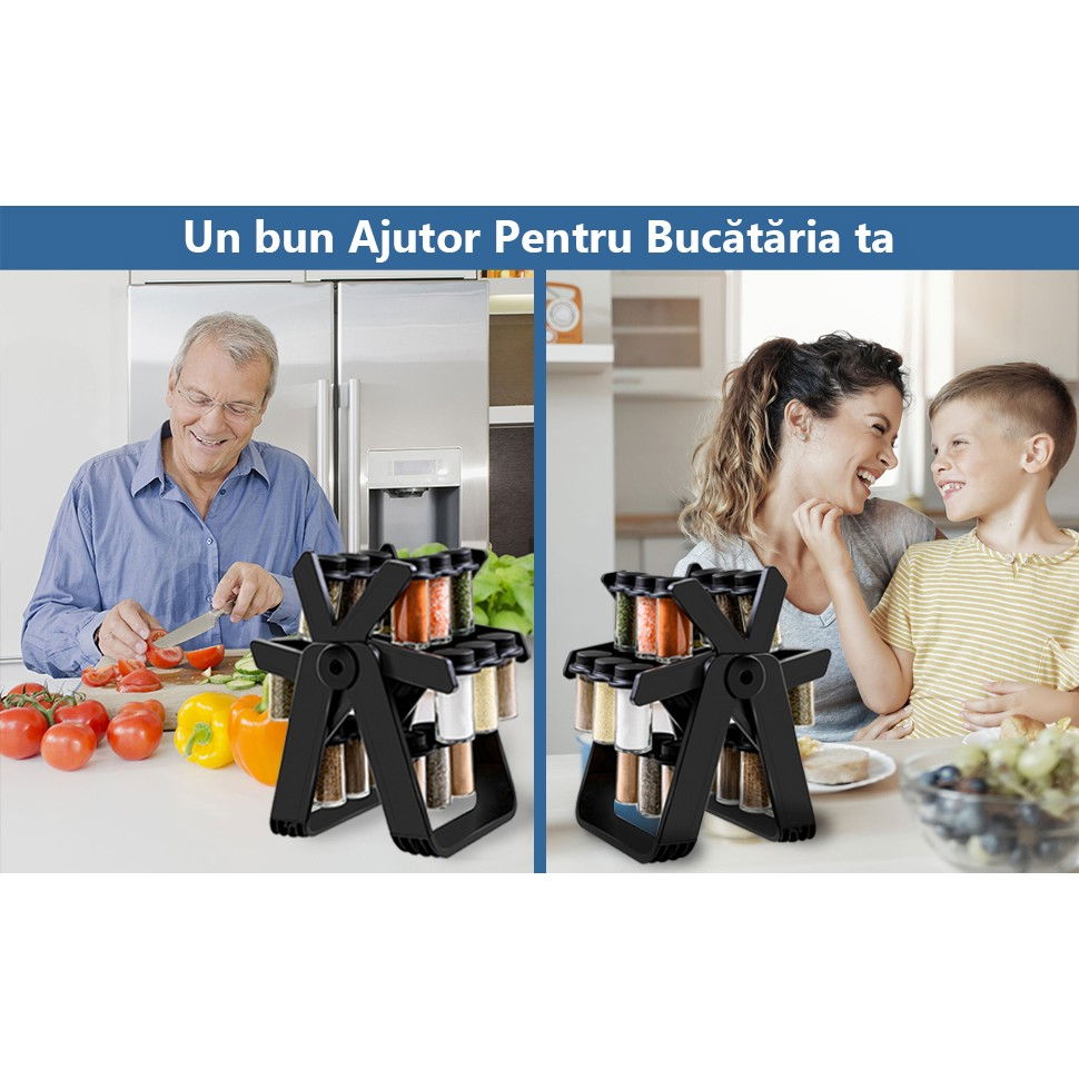 Suport pentru condimente rotativ, multifunctional, pivotant 360°, portabil, usor de montat, 34x23 cm, abs/sticla, negru [6]