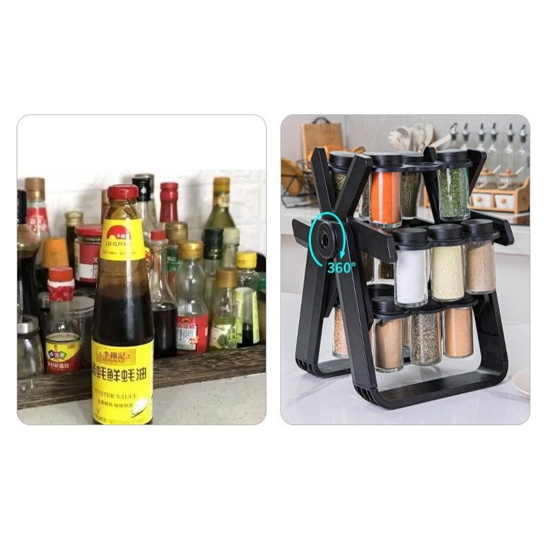 Suport pentru condimente rotativ, multifunctional, pivotant 360°, portabil, usor de montat, 34x23 cm, abs/sticla, negru [14]