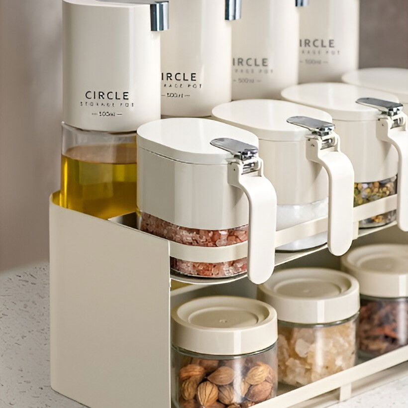 Suport pentru depozitare condimente, ulei, otet, montare pe perete din 12 piese, uz casnic, pentru bucatarie, 31 x 21.9 x 31.5cm, alb [3]