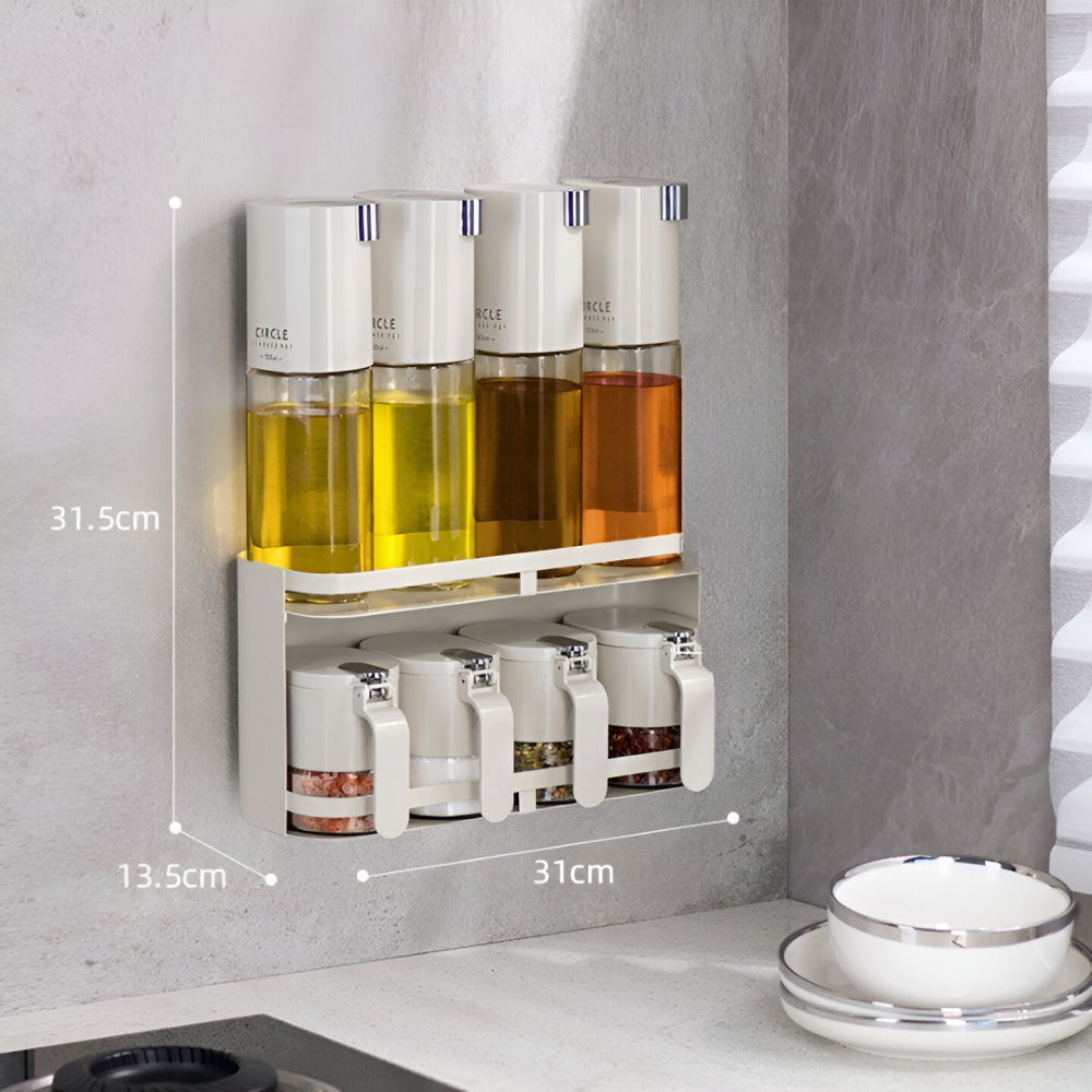 Suport pentru depozitare condimente, ulei, otet, montare pe perete din 9 piese, uz casnic, pentru bucatarie, 31x13.5x36.8cm, alb [4]