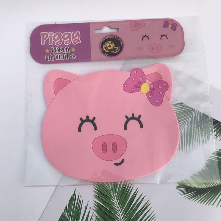 Suport pentru pahar, model urs purcelus, din pvc, 15.5x15.5 cm, rezistent la caldura, roz [4]