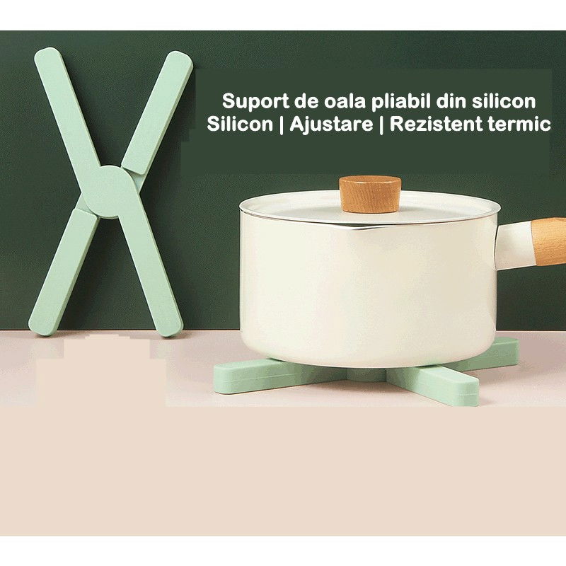 Suport pliabil din silicon pentru vase fierbinti  portabil, usor de depozitat, rezistent la temperaturi foarte ridicate, 14.5 x 7.5 x 1.6 cm, antialunecare, verde [4]