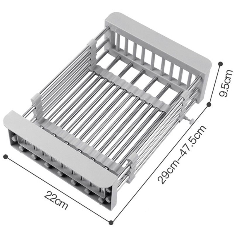 Suport scurgere extensibil pentru bucatarie, uscator vase din otel inoxidabil, suport tacamuri si pahare, suport pentru fructe si legume, 29 x 22 x 9.5 cm gri [2]
