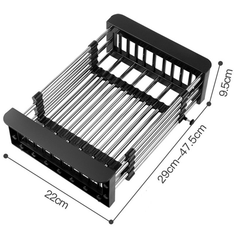 Suport scurgere extensibil pentru bucatarie, uscator vase din otel inoxidabil, suport tacamuri si pahare, suport pentru fructe si legume, 29 x 22 x 9.5 cm negru [2]