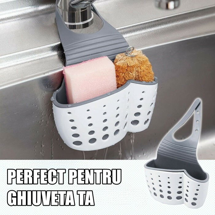 Suport scurgere pentru burete si laveta de vase bucatarie, albastru, curea reglabila, plastic flexibil, 15x 5x 21cm [6]