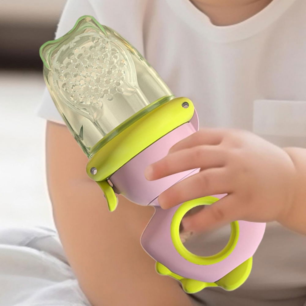 Suzeta pentru fructe, pentru bebelusi, din silicon alimentar, +4 luni, 2 mm grosime gauri tetina, 12.4 x 5.1 x 4.7 cm, roz/verde [3]