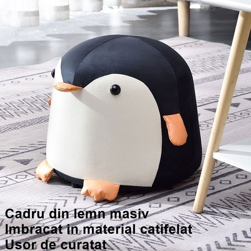 Taburet pentru copii, cadru din lemn masiv, 25 x 29 x 29 cm, perna de burete elastica si maner de transport, in forma de pinguin, negru [3]