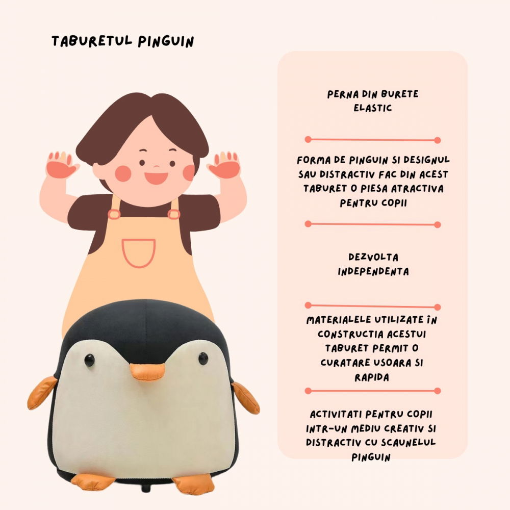 Taburet pentru copii, cadru din lemn masiv, 25 x 29 x 29 cm, perna de burete elastica si maner de transport, in forma de pinguin, negru [2]