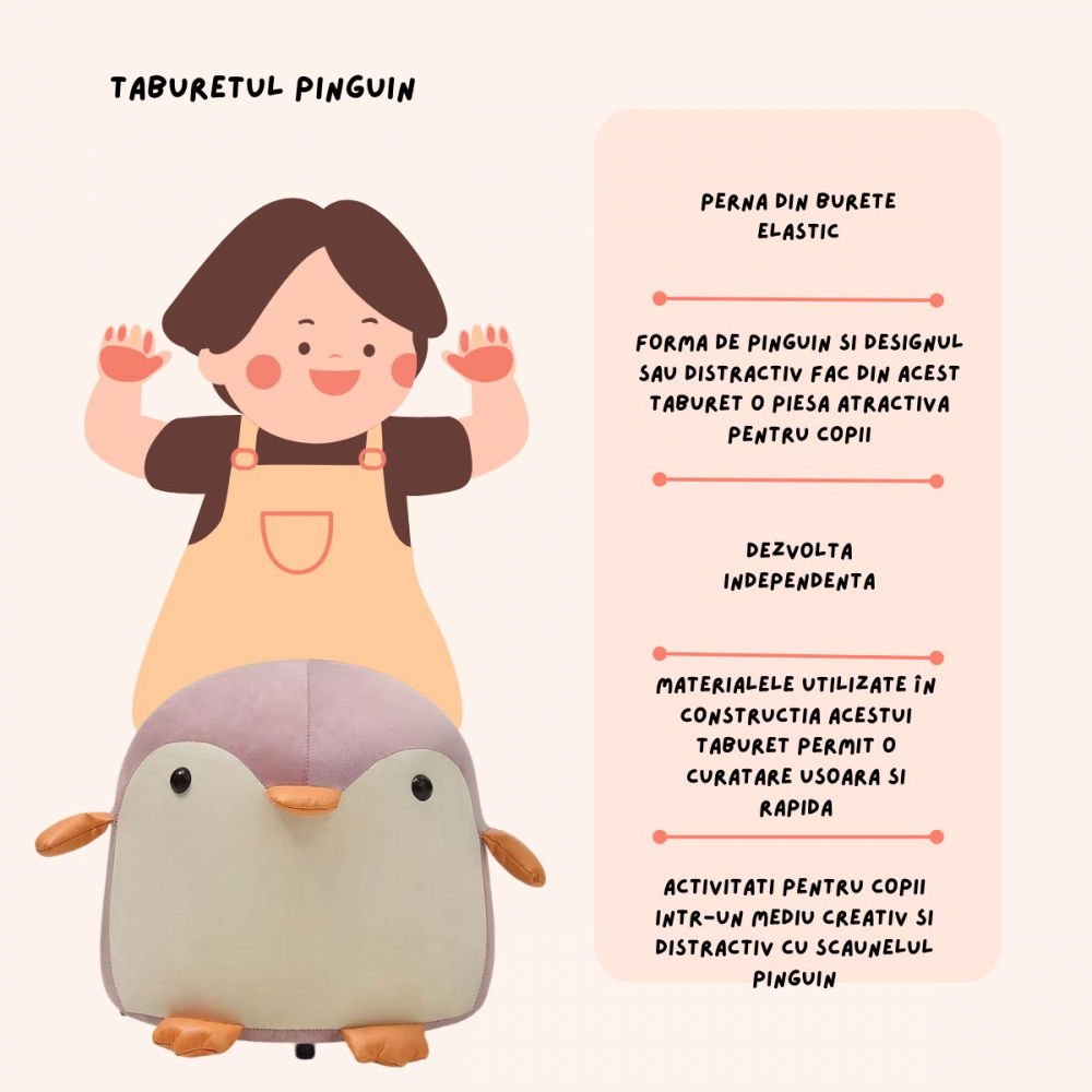 Taburet pentru copii, cadru din lemn masiv, 25 x 29 x 29 cm, perna de burete elastica si maner de transport, in forma de pinguin, roz [6]