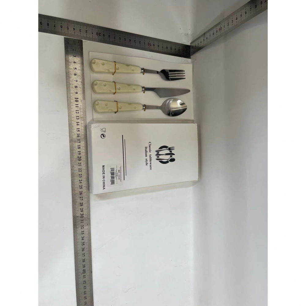 Tacamuri pentru copii, set 3 piese, tacamuri pentru dejun, lingura furculita cutit, stil italian, manere forma cascaval plastic, inox, 23 cm, auriu [6]