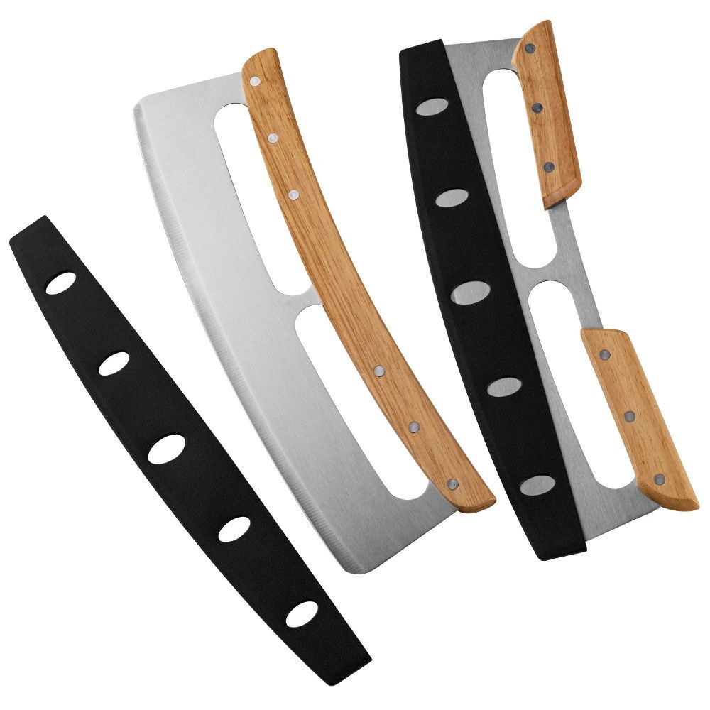 Taietor feliator de pizza, din otel inoxidabil, cu capac, maner din doua bucatie, din lemn, antialunecare, lama neteda si ascutita, 34x10 cm, maro [8]