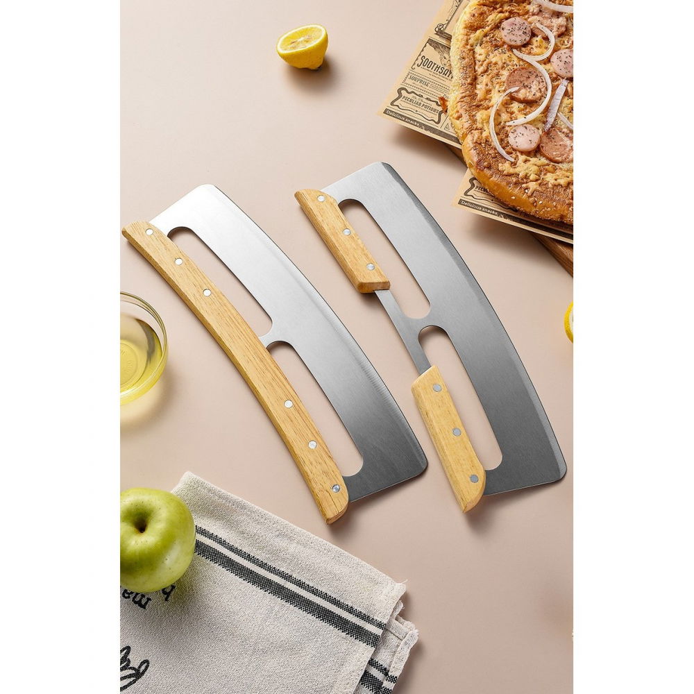 Taietor feliator de pizza, din otel inoxidabil, cu capac, maner din lemn, antialunecare, lama neteda si ascutita, 34x10 cm, maro [6]