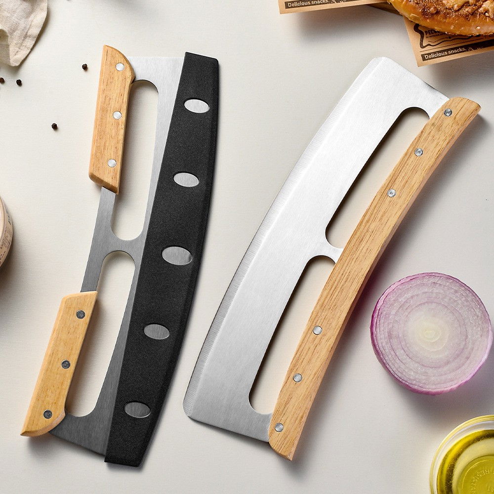 Taietor feliator de pizza, din otel inoxidabil, cu capac, maner din lemn, antialunecare, lama neteda si ascutita, 34x10 cm, maro [10]