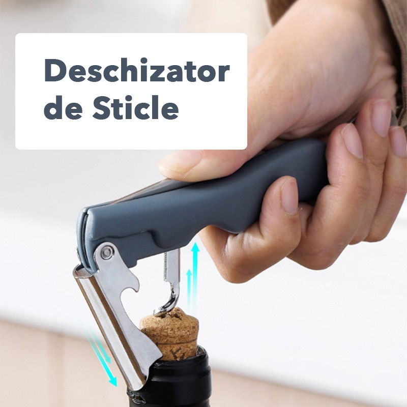 Tirbuson de sticle 4 in 1, desfacator de sticle multifunctional, din inox cu maner anti alunecare, 13.5 x 4 cm albastru [4]