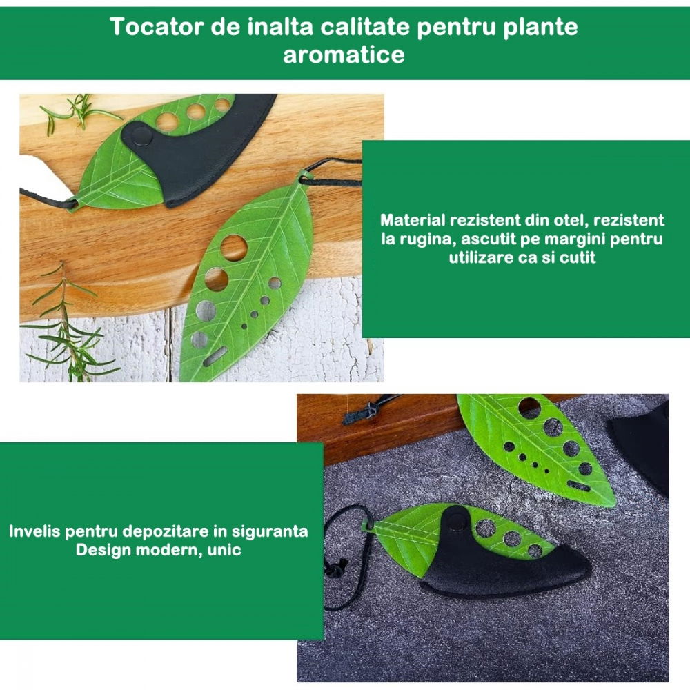 Tocator manual pentru ierburi  instrument de curatat frunze, tocator, margini ascutie, 9 gauri de diferite dimensiuni, multifunctional, material otel inoxidabil, rezistent la rugina, 14 x 5.5 cm, verde [5]