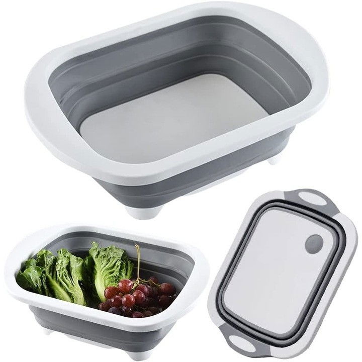 Tocator multifunctional, 2 in 1, cu cos pentru spalat si scurgere alimente, 480 g, pliabila, gri [6]