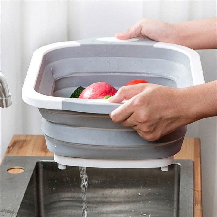 Tocator multifunctional, 2 in 1, cu cos pentru spalat si scurgere alimente, 480 g, pliabila, gri [2]