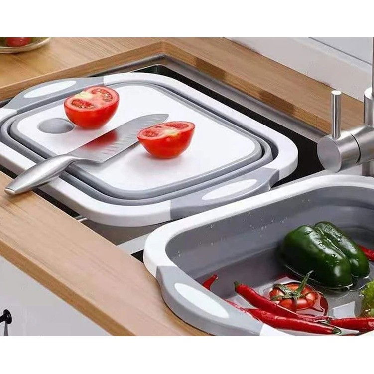 Tocator multifunctional, 2 in 1, cu cos pentru spalat si scurgere alimente, 480 g, pliabila, gri [5]