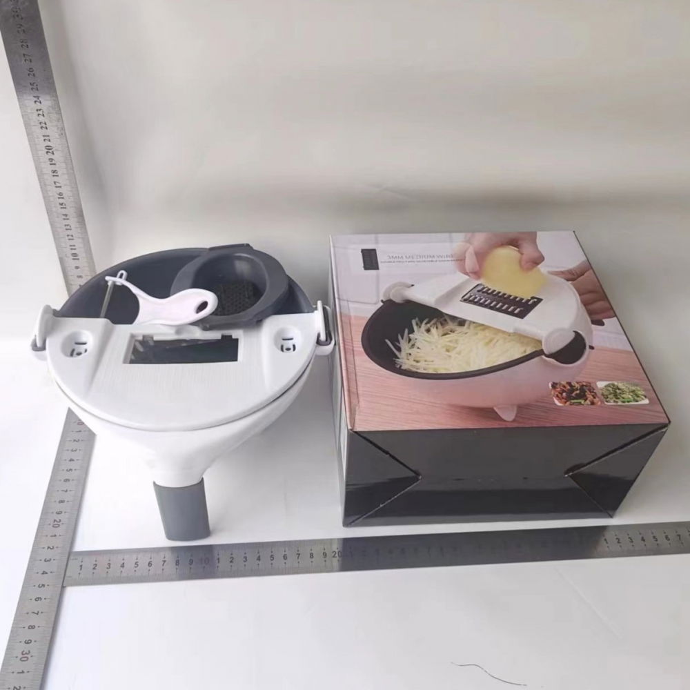 Tocator multifunctional, lame otel inoxidabil, cu suport scurgere, maner, protectie mana, 22x22x12 cm, alb negru [6]