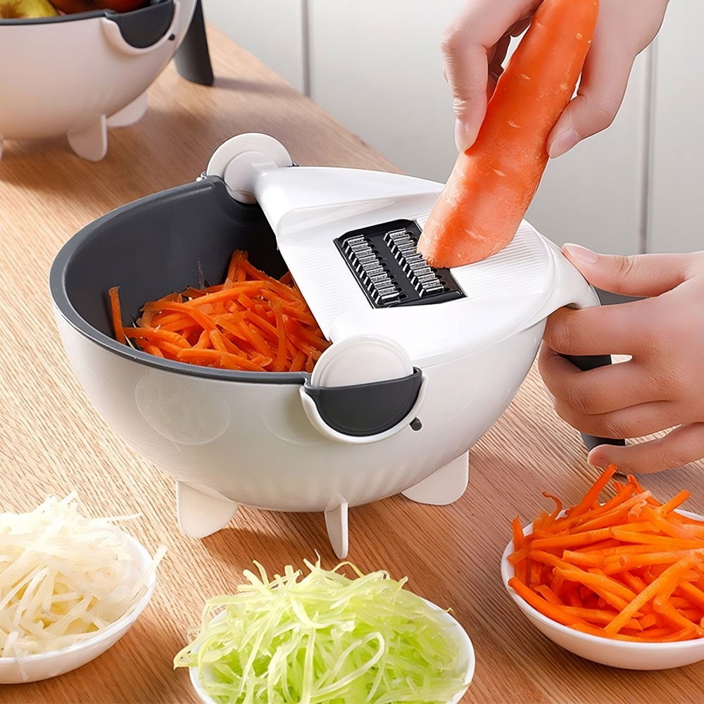 Tocator multifunctional, lame otel inoxidabil, cu suport scurgere, maner, protectie mana, 22x22x12 cm, alb negru [4]