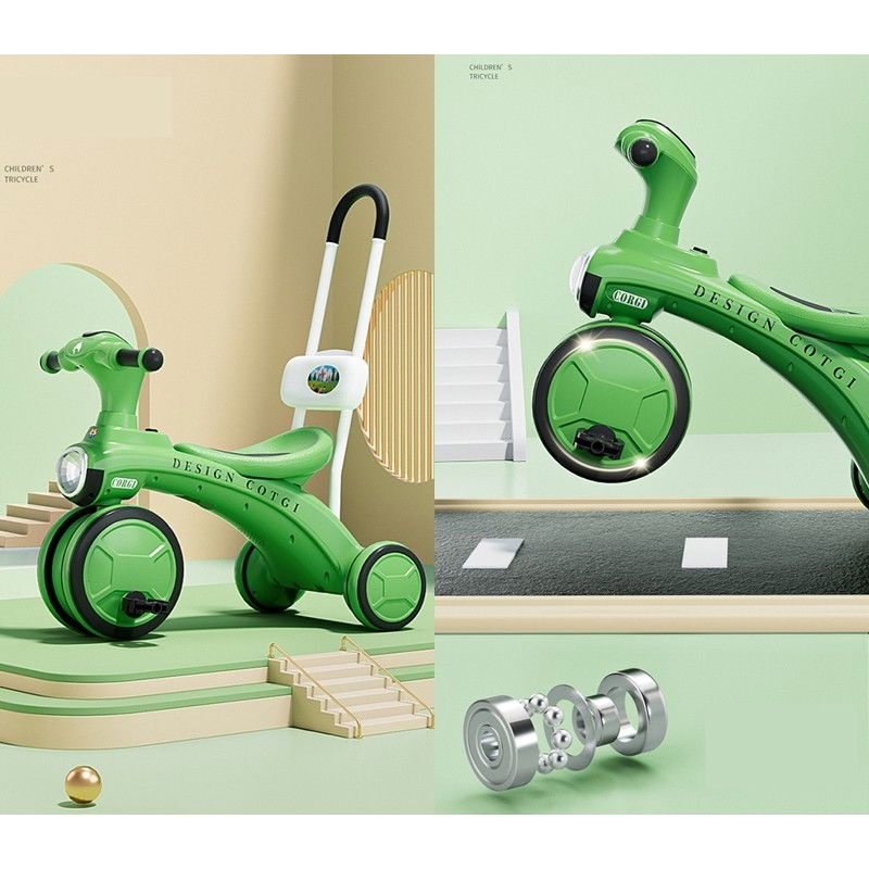 Tricicleta pentru copii  pedalare, impingere, lumini si sunete, pedale antiderapante, material dur, cos depozitare, varsta peste 18 luni, 80x40x52 cm, verde [2]