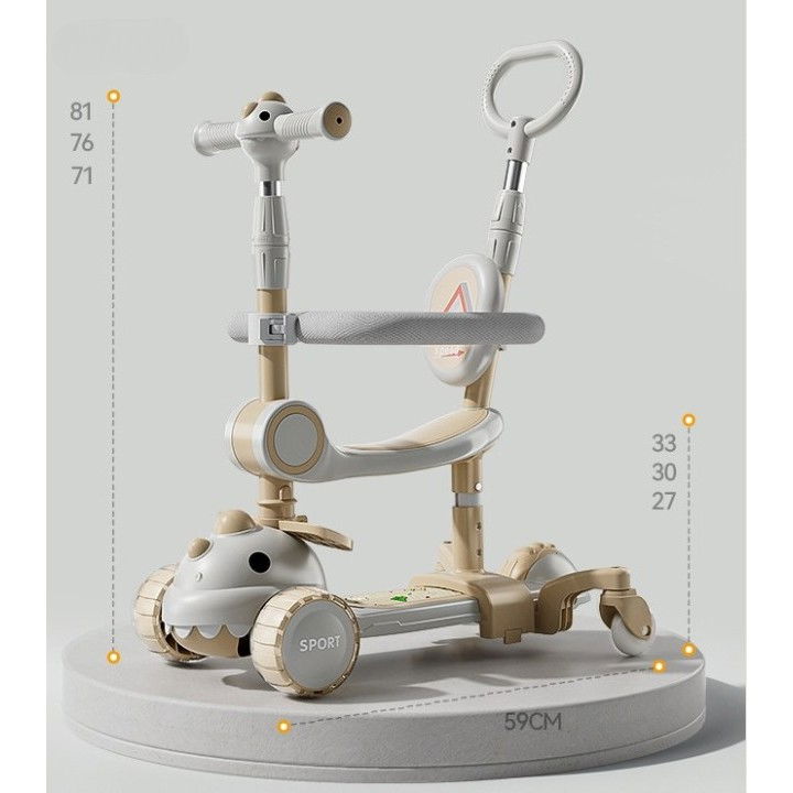 Trotineta multifunctionala 6 in 1, pentru copii de la 10 luni pana la 12 ani, cu maner de impingere, reglabil 360, pliere usoara, reglarea inaltimii, model dinozaur, alb/bej [8]