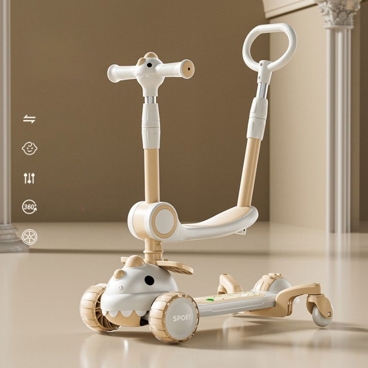 Trotineta multifunctionala 6 in 1, pentru copii de la 10 luni pana la 12 ani, cu maner de impingere, reglabil 360, pliere usoara, reglarea inaltimii, model dinozaur, alb/bej [6]