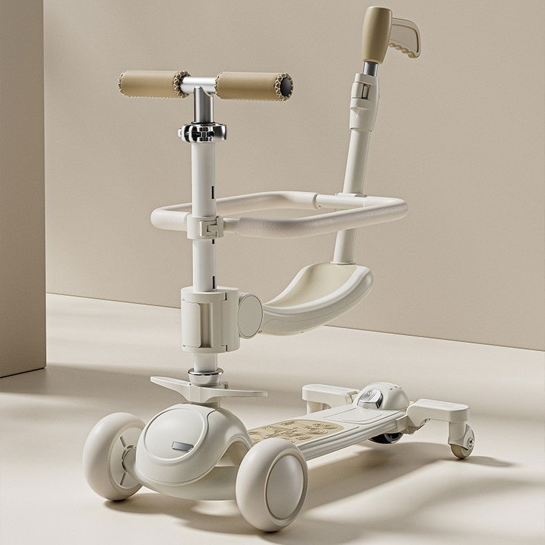 Trotineta tip carucior pentru copii 7in1, pliabila, ghidon reglabil, parti detasabile, lumini led, muzica, suport pentru picioare, alb [3]