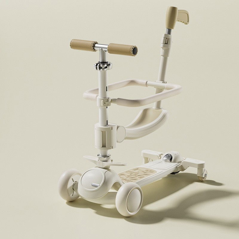 Trotineta tip carucior pentru copii 7in1, pliabila, ghidon reglabil, parti detasabile, lumini led, muzica, suport pentru picioare, alb [2]