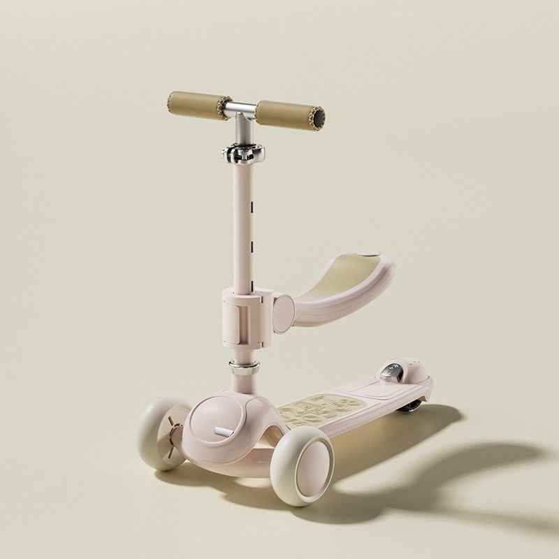 Trotineta tip carucior pentru copii 7in1, pliabila, ghidon reglabil, parti detasabile, lumini led, muzica, suport pentru picioare, roz [3]