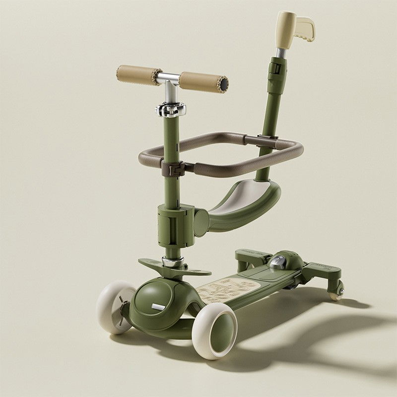 Trotineta tip carucior pentru copii 7in1, pliabila, ghidon reglabil, parti detasabile, lumini led, muzica, suport pentru picioare, verde [2]