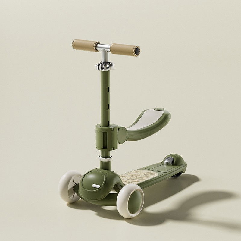 Trotineta tip carucior pentru copii 7in1, pliabila, ghidon reglabil, parti detasabile, lumini led, muzica, suport pentru picioare, verde [3]