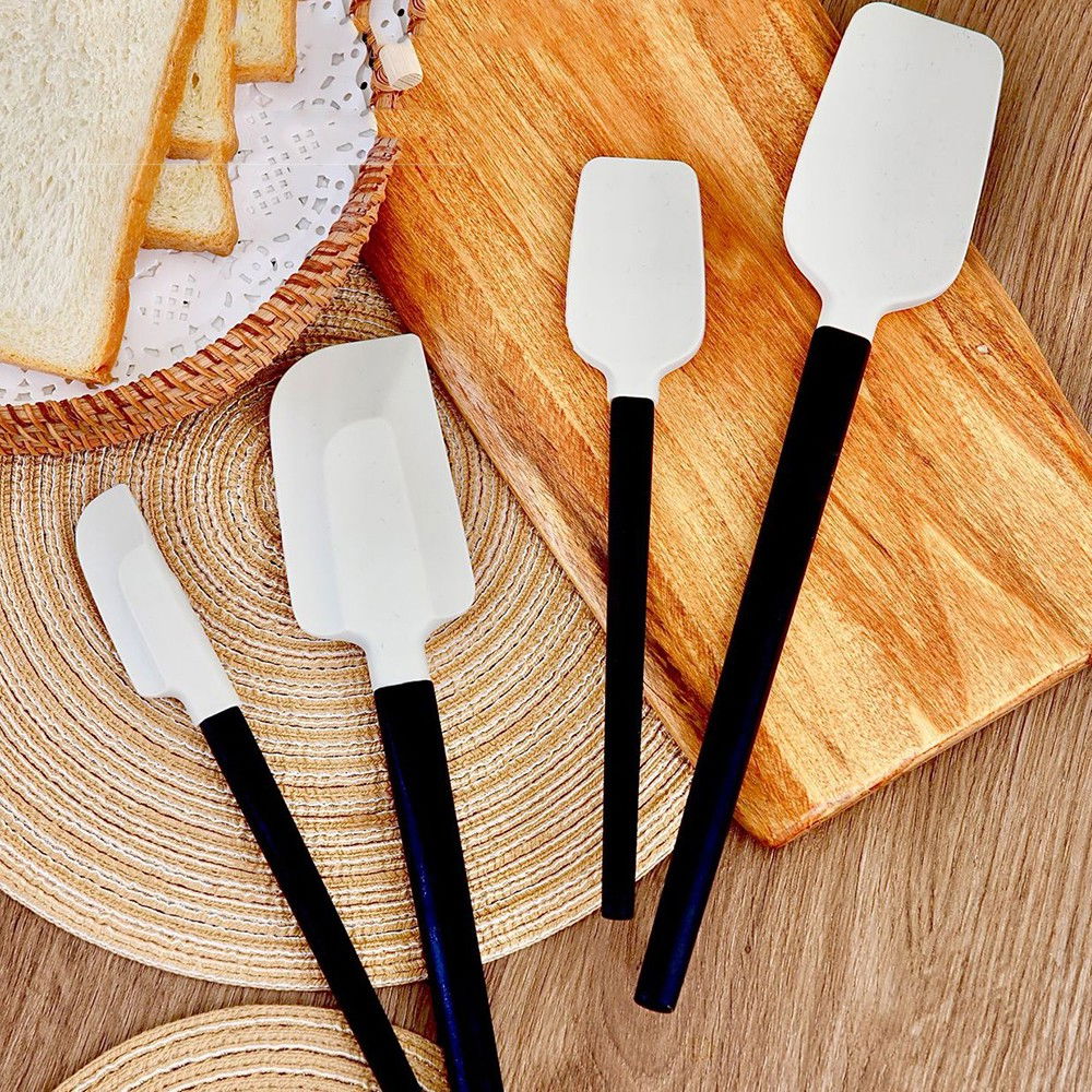 Ustensile de bucatarie, set din 4 bucati, din silicon si lemn, spatule de diferite dimensiuni, termo rezistente, antiaderente, instrument de amestecat in bucatarie, alb-negru [3]